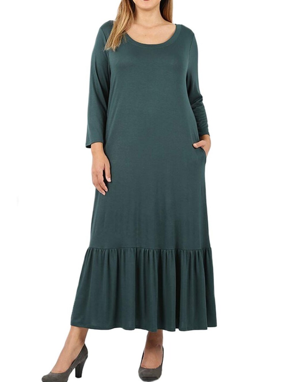 Zenana Outfitters Dark Teal Long Sleeve Maxi Dress with Ruffle Hem